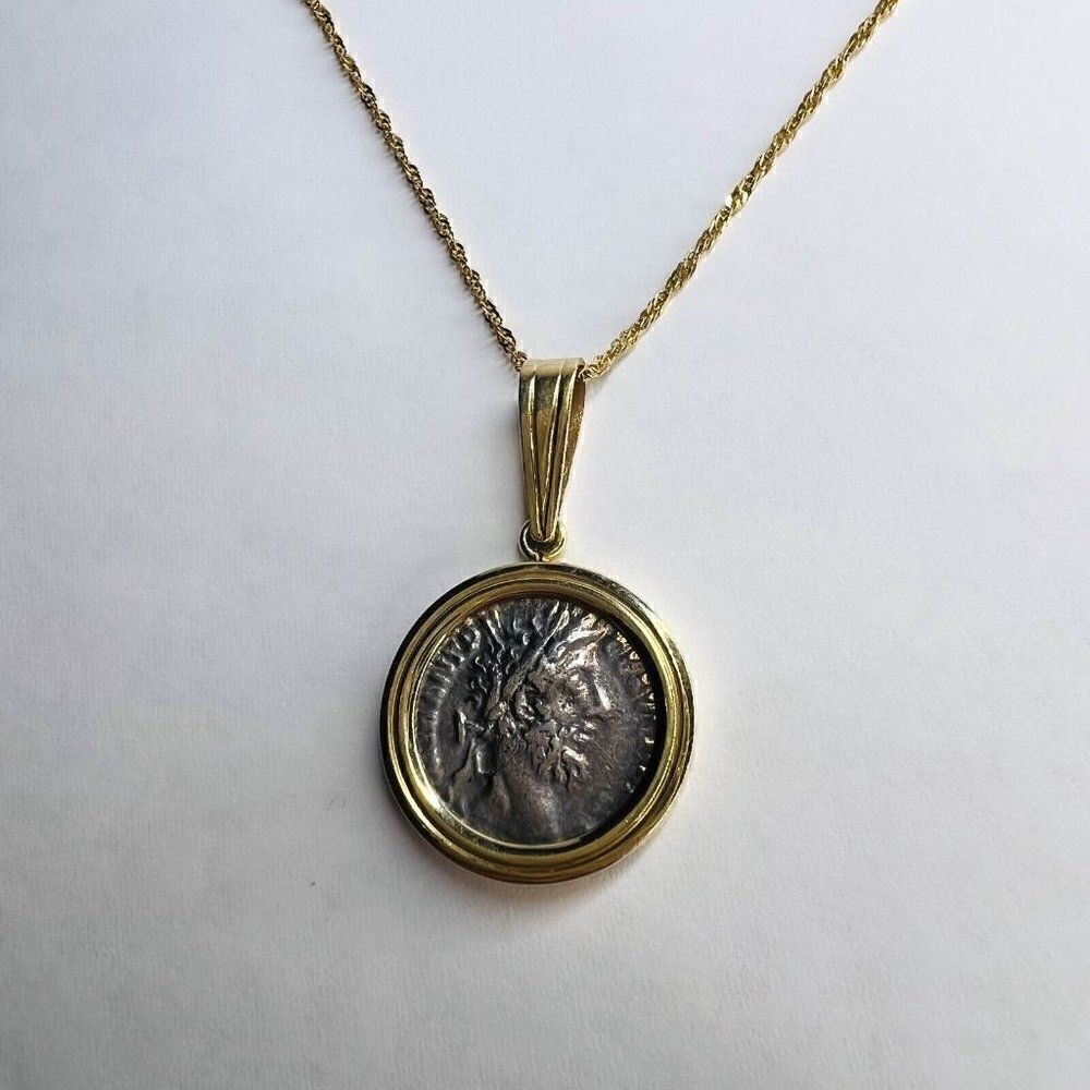 14k Gold Ancient Coin Necklace 18" Silver Roman Emperor Commodus 177-192 AD 5.7g - Picture 10 of 16